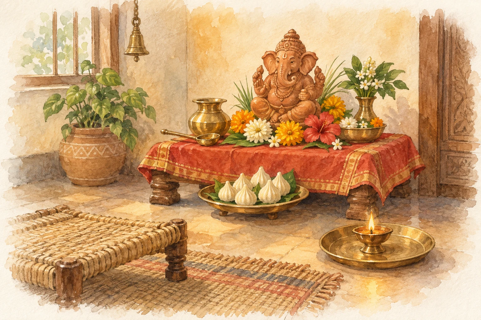 Watercolour sketch of a Ganesh altar with offerings, water and a lamp placed within reach.