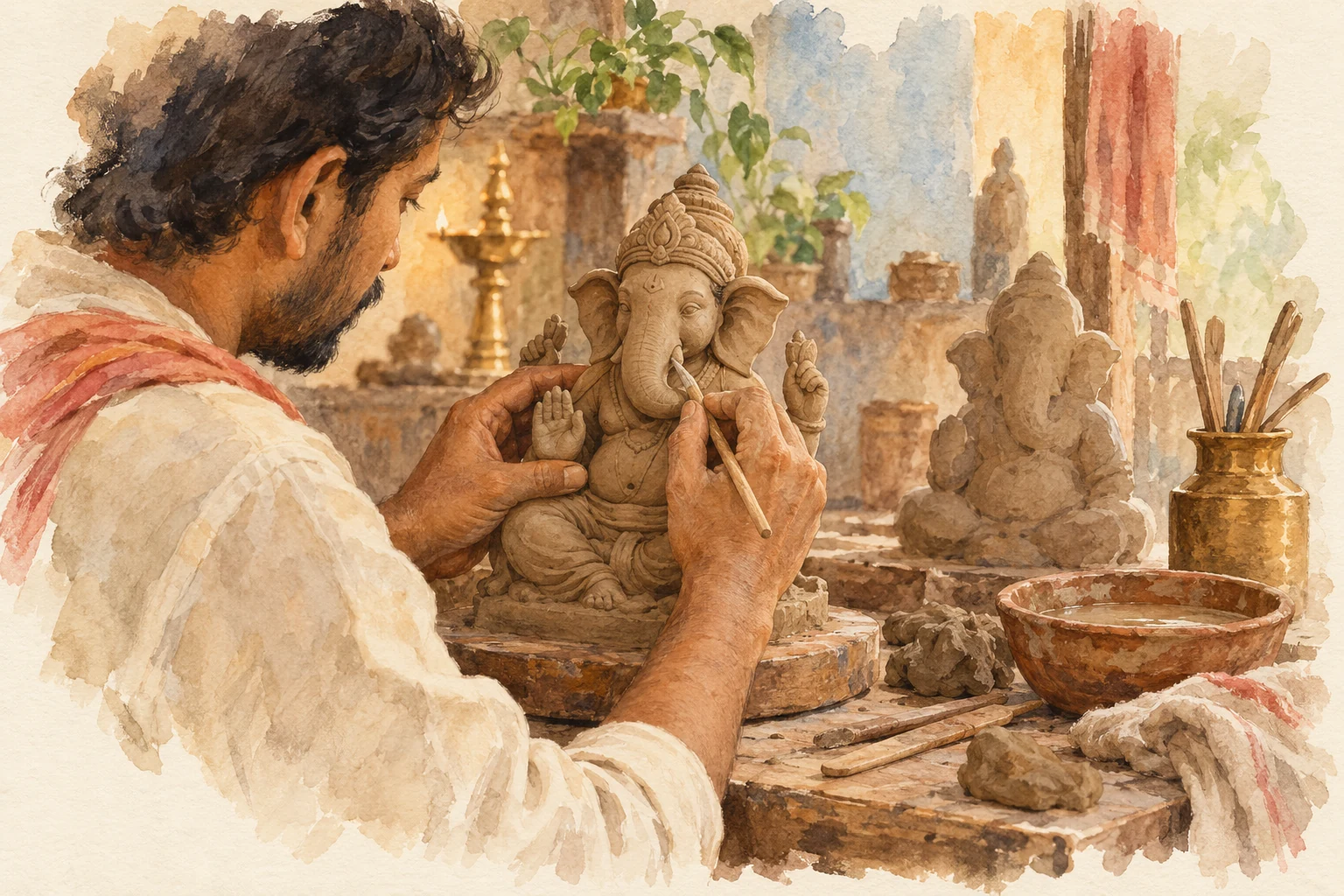Watercolour sketch of an artisan carefully shaping a natural-clay Ganesh idol.