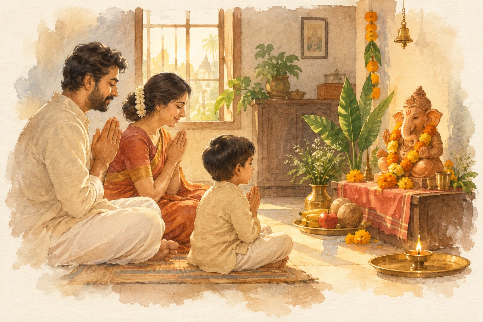 Watercolour sketch of a family sitting together for gentle morning worship before Ganesh Ji.