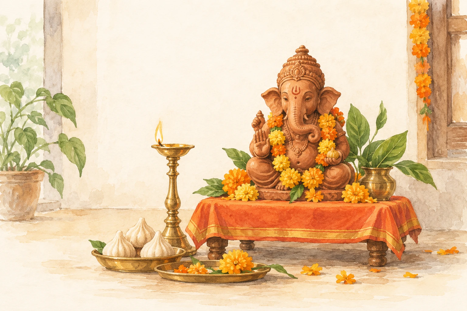 Watercolour illustration of a clay Ganesh idol on a saffron-covered chowki, with a brass lamp, flowers and modak.