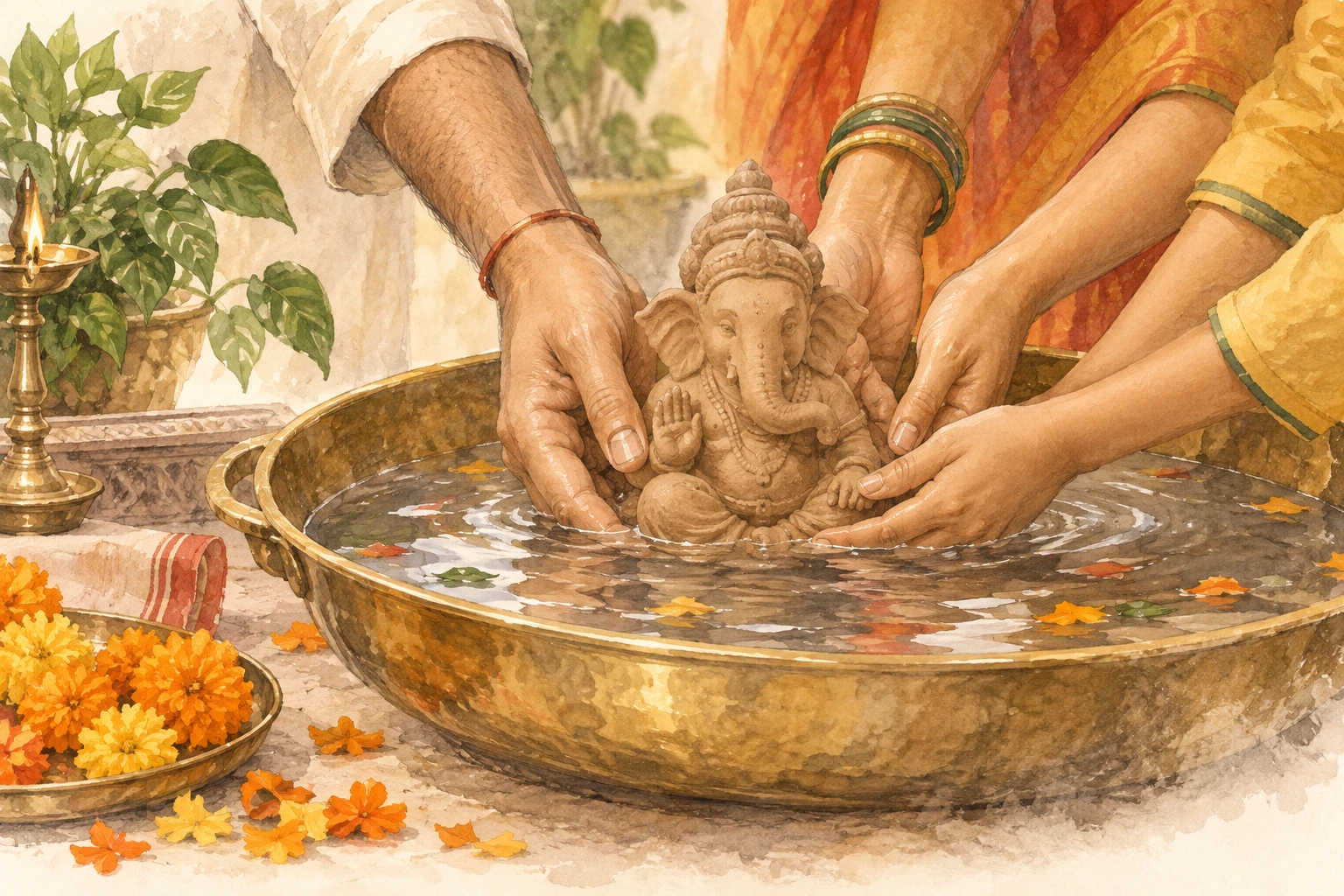 Watercolour of a family gently lowering a small clay Ganesh idol into a home immersion vessel.