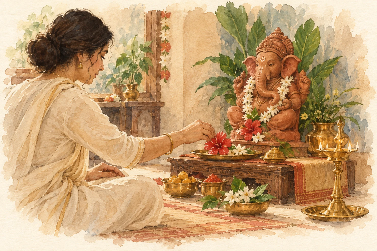 Watercolour sketch of a devotee placing a hibiscus offering before Ganesh Ji.