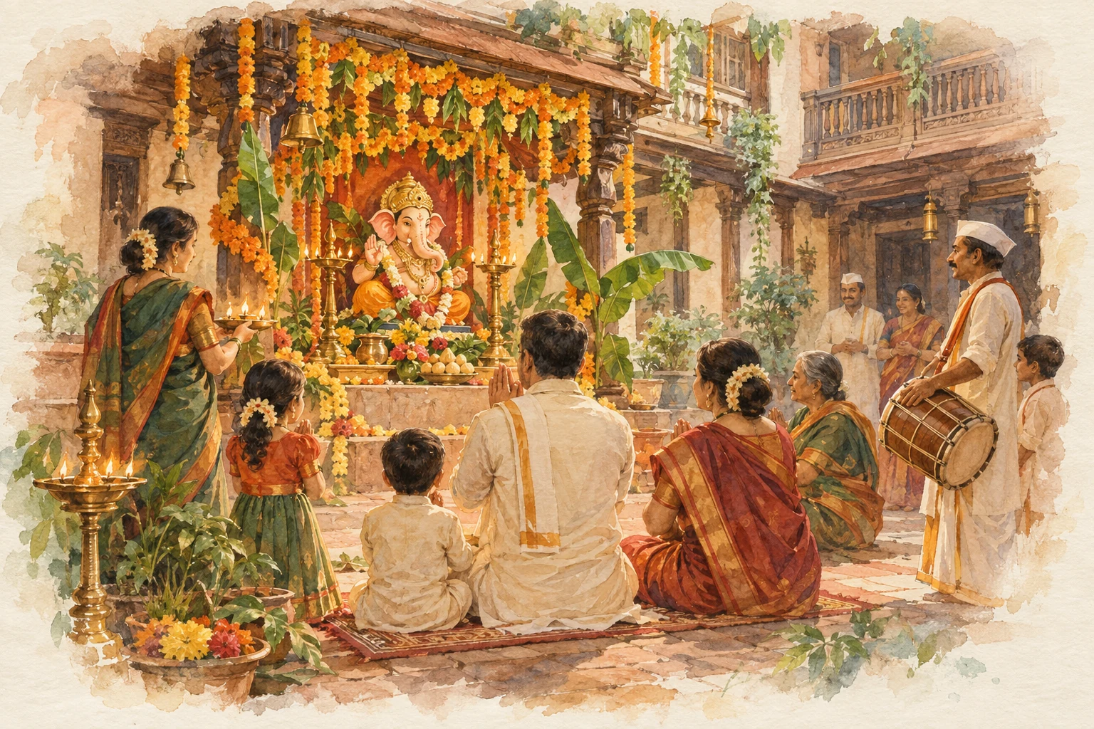 Watercolour sketch of families gathering for Ganeshotsav in a traditional courtyard.