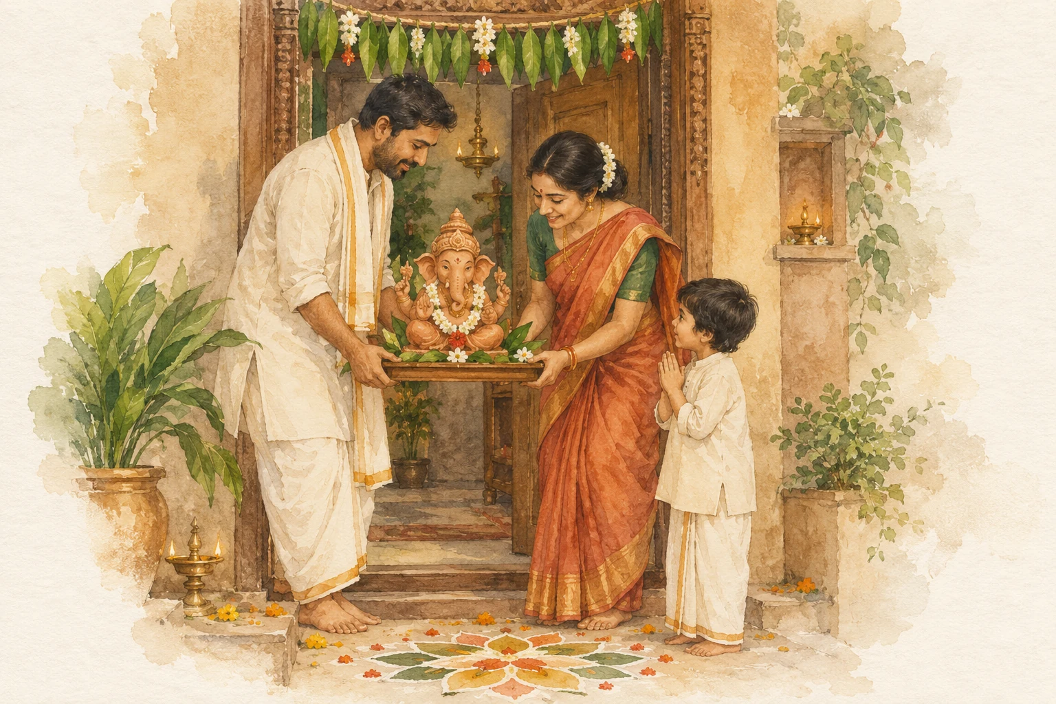 Watercolour sketch of a family carefully welcoming a Ganesh idol at their doorway.
